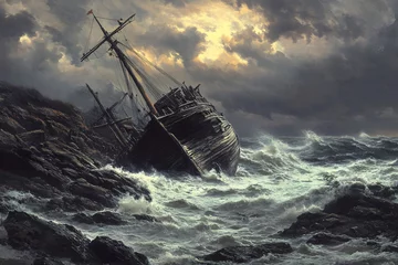 A wrecked wooden sailing ship lies half-submerged on jagged rocks during a violent storm, waves crashing around it.