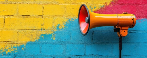 Vibrant orange megaphone on colorful painted brick wall