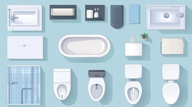 Toilet, bathroom furniture and equipment top view set for interior design of restroom. Architectural collection. Baths, shells, toilets, bidets, urinals, showers. View from above. Vector in flat style