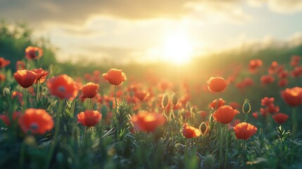 Fototapeta premium Vibrant sunrise over a field of red poppies in bloom