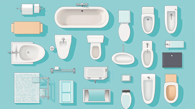 Toilet, bathroom furniture and equipment top view set for interior design of restroom. Architectural collection. Baths, shells, toilets, bidets, urinals, showers. View from above. Vector in flat style