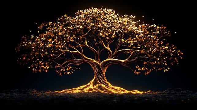 Golden tree glowing, dark background, digital art, prosperity concept