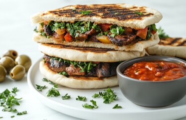 Stacked pita breads with vegetables, meat, and red pepper sauce on a white plate