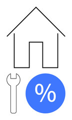House outline paired with wrench and percentage sign in blue circle. Ideal for housing market trends, mortgage rates, home repairs, real estate investments, financial planning, construction, property