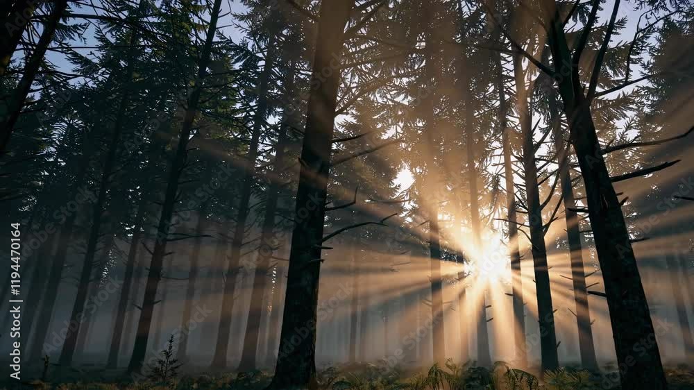 Poster majestic sunlight rays filtering through a serene forest at dawn