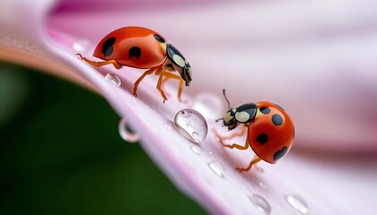 Ladybugs on Dew-Kissed Petal: A Delicate Macro Photograph