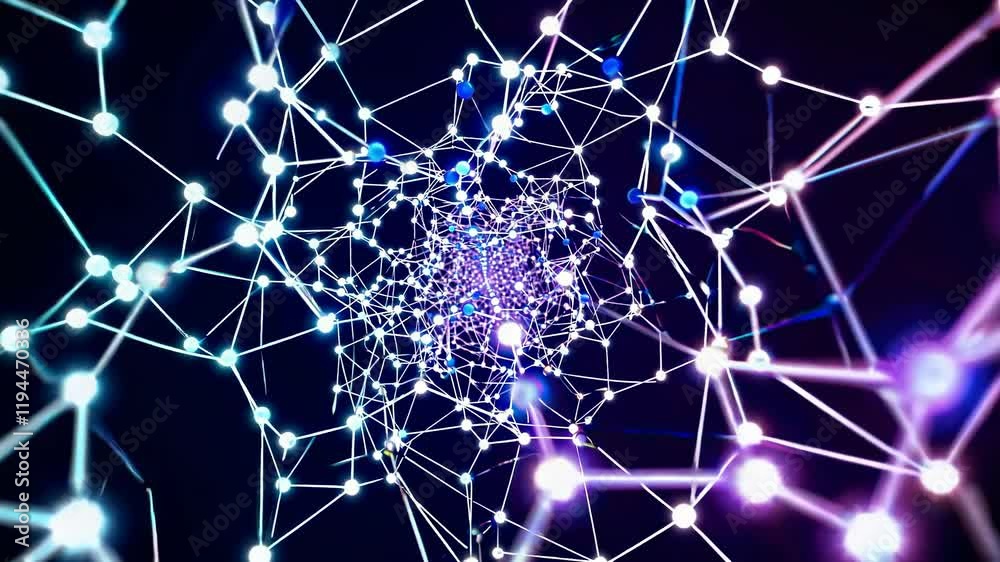Poster exploring a vibrant network of interconnected nodes and pathways in digital space