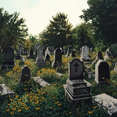 Naklejka premium Tranquil Cemetery: Sunlit Graves and Yellow Flowers