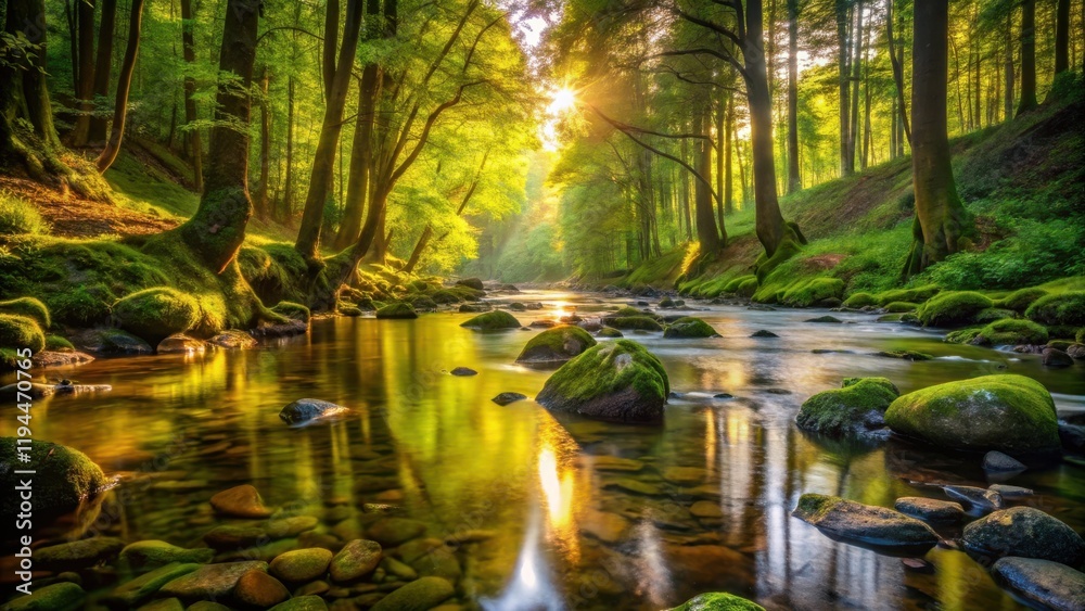 Poster A tranquil forest stream flows through a lush canopy, sunlight filtering through the leaves, illuminating the mossy rocks and creating a picturesque scene.