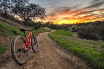 Fototapeta premium Red mountain bike on scenic trail at sunset.