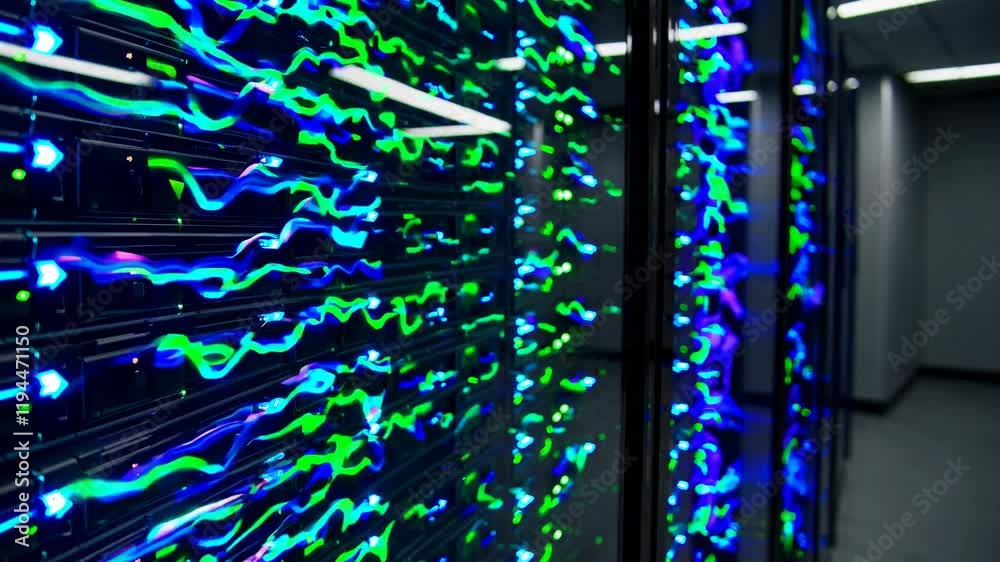 Poster visual exploration of a modern data center filled with vibrant light displays at night