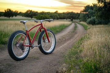 Fototapeta premium Red fat tire bike on dirt road at sunset.