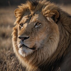 Obraz premium A lion in a serene pose, white background.