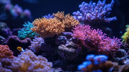 Obraz premium Lush coral formations in vivid hues thrive in the underwater reef, their beauty enhanced by the gentle play of light filtering through the water.