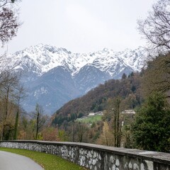 Serene Mountain Village Autumn Landscape Snowcapped Peaks