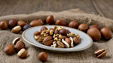 Fototapeta premium Assorted nuts arranged on a rustic table with burlap and wooden background in natural light