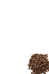 Closeup of a pile of organic whole roasted coffee beans isolated on a transparent background from above with shadow, top view