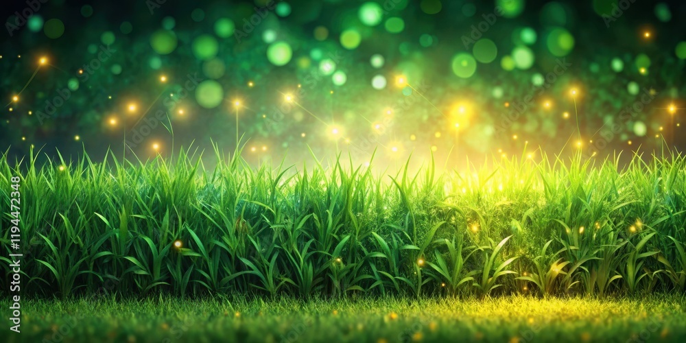 Poster a field of verdant grass illuminated by the enchanting glow of fireflies, creating a magical and eth