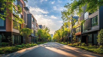 Obraz premium A residential road surrounded by green trees under a bright sky with white clouds