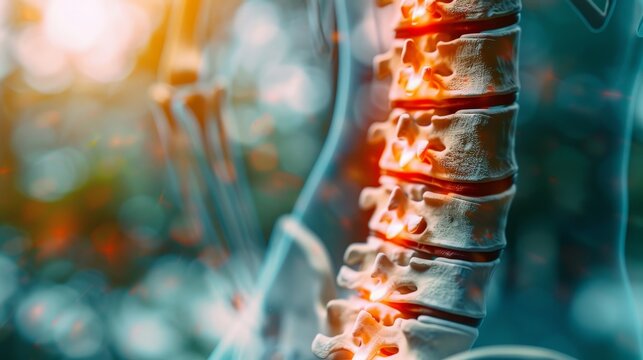 X ray view highlighting red areas of spine and back pain for medical analysis and review