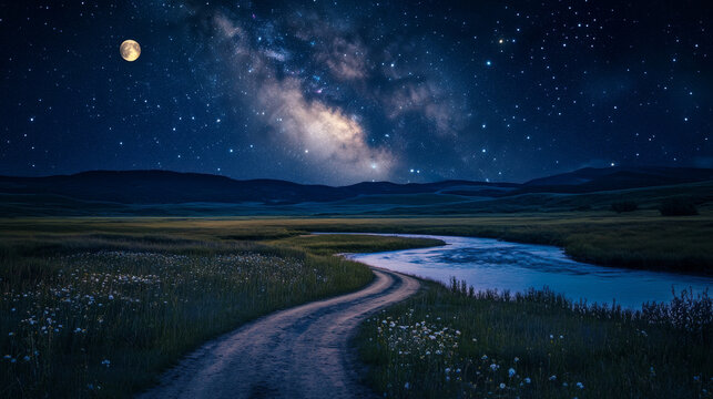 Night rustic meadow landscape, rural field, river and dirt road under dark blue starry sky with full moon and stars reflecting in water. Farmland scenery countryside nature, Cartoon vector background