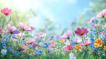Colorful wildflower meadow in bloom under clear blue sky
