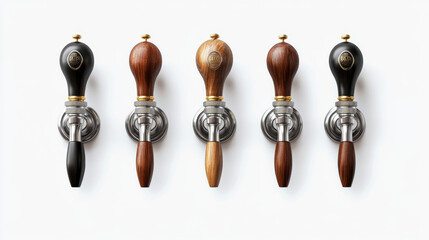 Set of beer taps isolated on white background. Realistic vector illustration of bar or pub equipment. Steel valves for releasing alcoholic beverages with wooden and plastic handles, space for branding