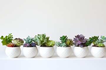 Fototapeta premium Row of succulents in small white geometric pots on white surface.