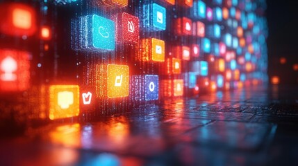 Colorful Digital Icons Illuminating a Futuristic Technology Space