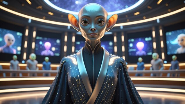 Meeting of extraterrestrial beings showcasing advanced technology in a futuristic setting with captivating cosmic visuals