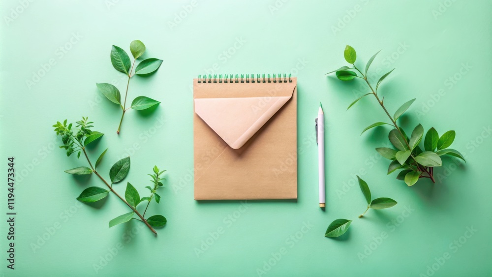 Poster a simple and minimalist green background with a kraft paper notebook, a white pencil, and green leav