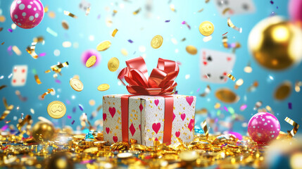 3D Big Win casino banner with beige and purple unwrapped gift box floating with scattered golden coins, pearly spheres and confetti ribbons on dark background. Slots, lottery games and gambling design