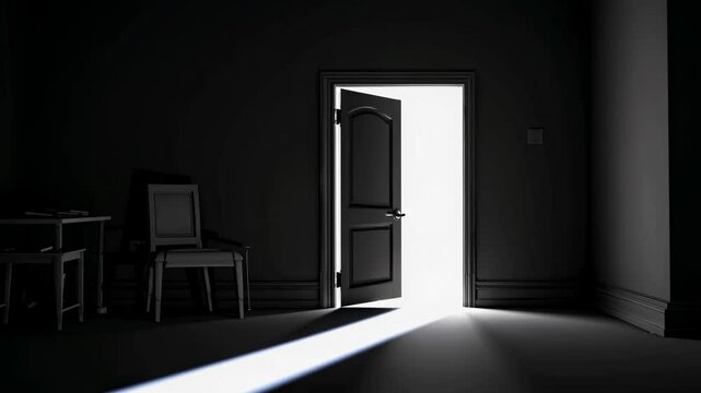 Bright light spills into a dimly lit room through an open door