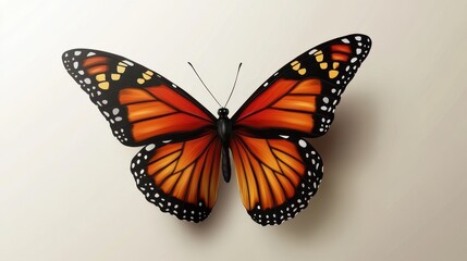 Fototapeta premium Vibrant monarch butterfly with orange and black wings on neutral background
