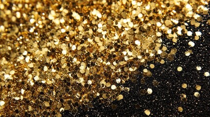 Close-up of sparkling gold glitter on dark background