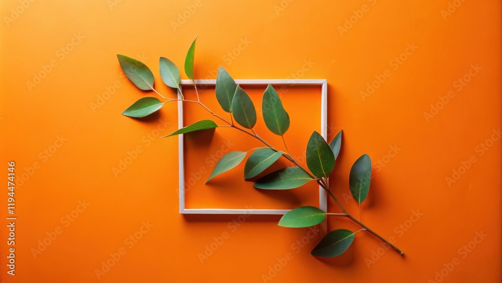 Poster a simple composition featuring a branch of vibrant green leaves against a solid orange backdrop, fra