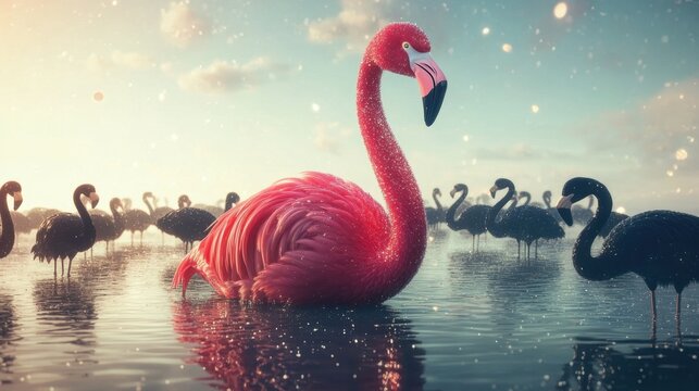 A sparkling pink flamingo standing tall in a lagoon, surrounded by black flamingos wading in the water, symbolizing vibrant individuality. 