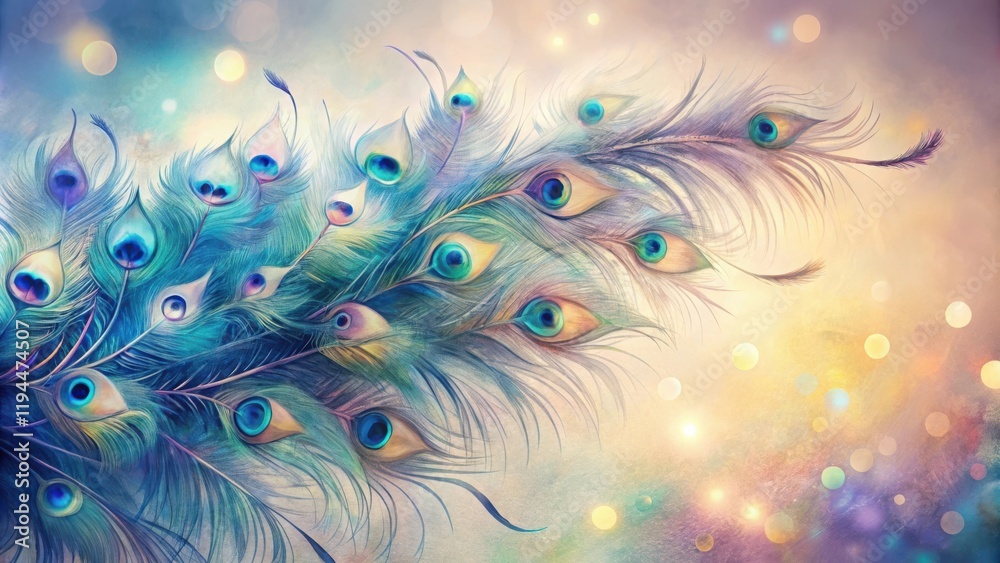 Poster a cluster of vibrant peacock feathers with iridescent eyespot patterns against a soft, ethereal back