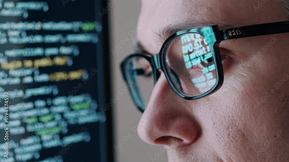 Poster Focused programming session at a tech workspace with close-up view of coding and concentration