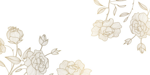 Vector gold on white flowers frame, roses luxury pattern, floral blossom elegant design background, nature botanical banner.