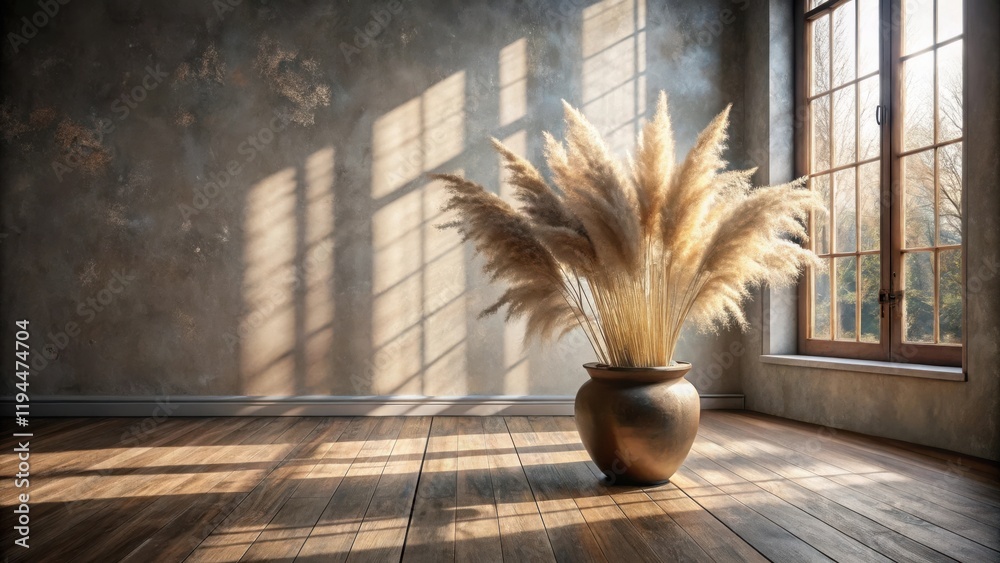 Poster A simple rustic interior scene with a single pot of dried grasses and a window casting shadows on the wall and floor