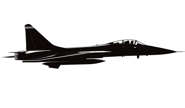 Silhouette of an F-5 fighter jet flying, vector illustration, flat design style, simple and clean white background,