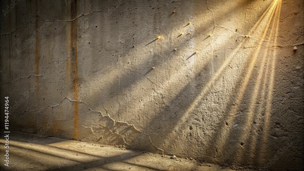 Poster sunlight beams through cracks in a weathered concrete wall, casting shadows on the dusty floor