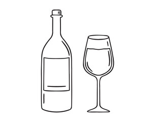 Wine bottle and wine glass doodle hand drawn icon. Outline drawing wine bottle and wine glass line clipart symbol