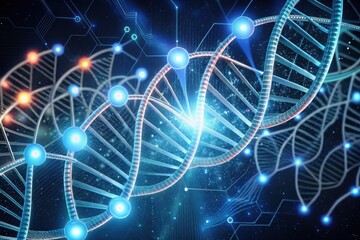 A digital representation of DNA strands with glowing elements, showcasing the complexity and beauty of genetic structures in a scientific context.