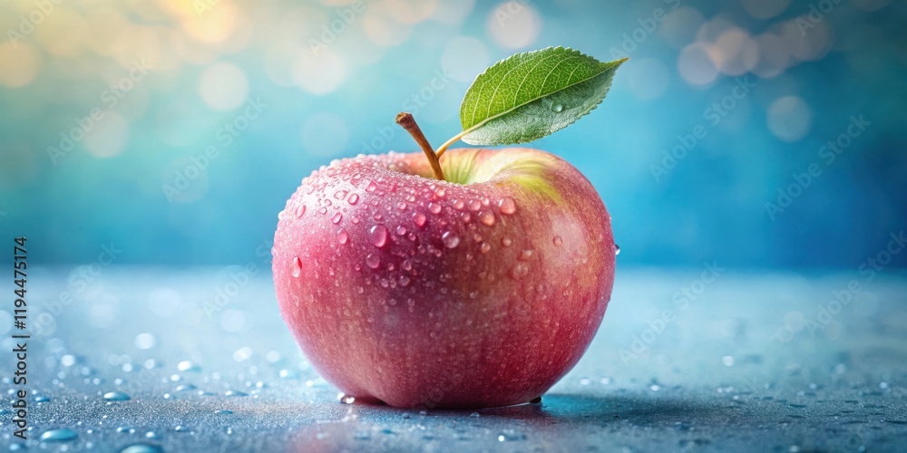 Poster a single red apple covered in water droplets sits on a wet, blue surface with a soft, blurred backgr