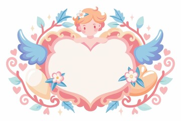 Obraz premium A whimsical illustration featuring a cherub, floral elements, and a heart-shaped frame, ideal for romantic or decorative themes.