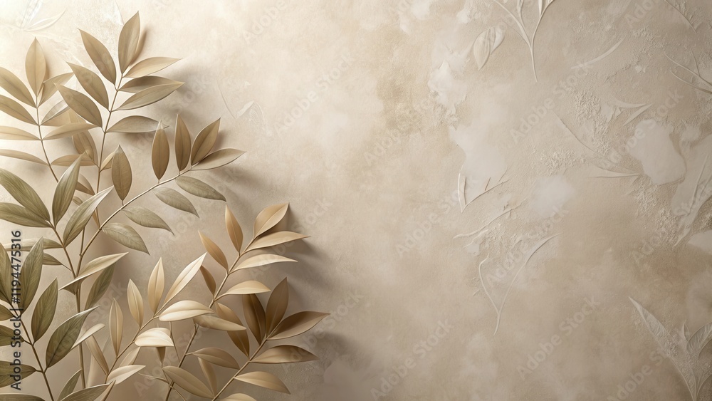 Poster Textured beige background with light brown leaf branches on the left side, creating a minimalist and elegant composition.
