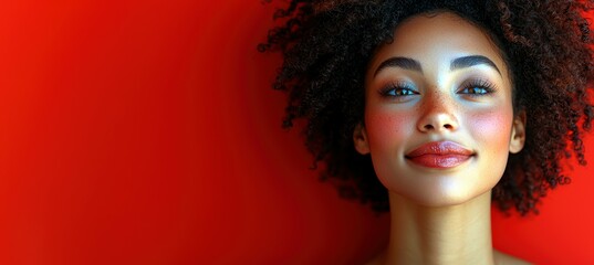Obraz premium Smiling young Black woman with curly hair against a vibrant red background.
