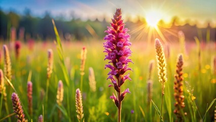 Fototapeta premium A single pink flower stands tall in a field of wildflowers bathed in the golden light of the setting sun.